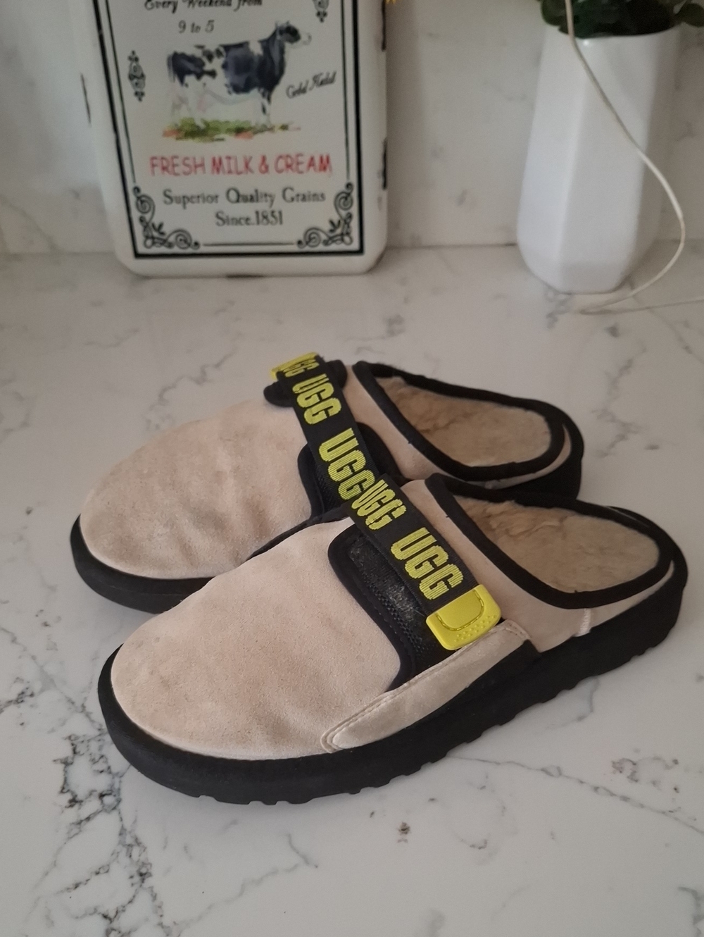 UGG Mens Beige Slip-On Clog with Yellow Accent